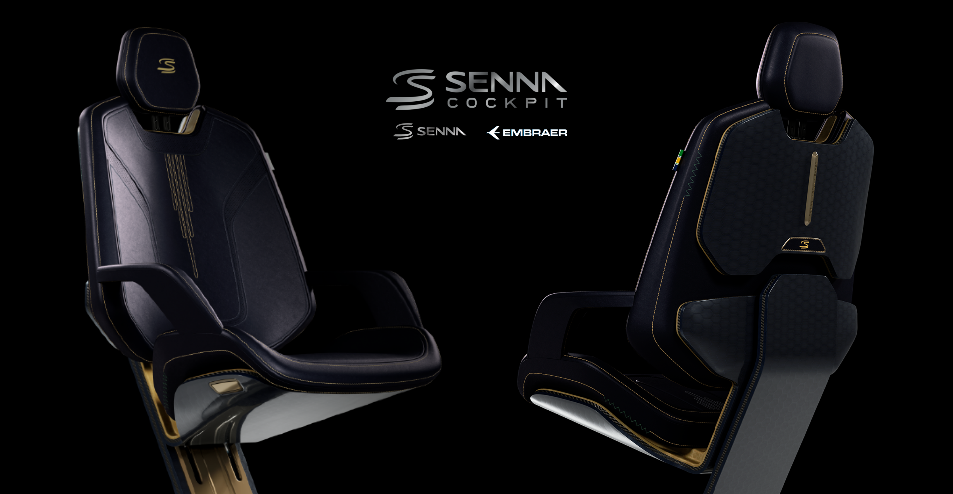 Duas cadeiras de escritório Senna Cockpit, pretas e com detalhes em dourado, posicionadas em frente uma da outra.